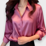 Akasya Nur | Bol Kesim Kadın Uzun Kollu İpek Gömlek Düz Renk Üst