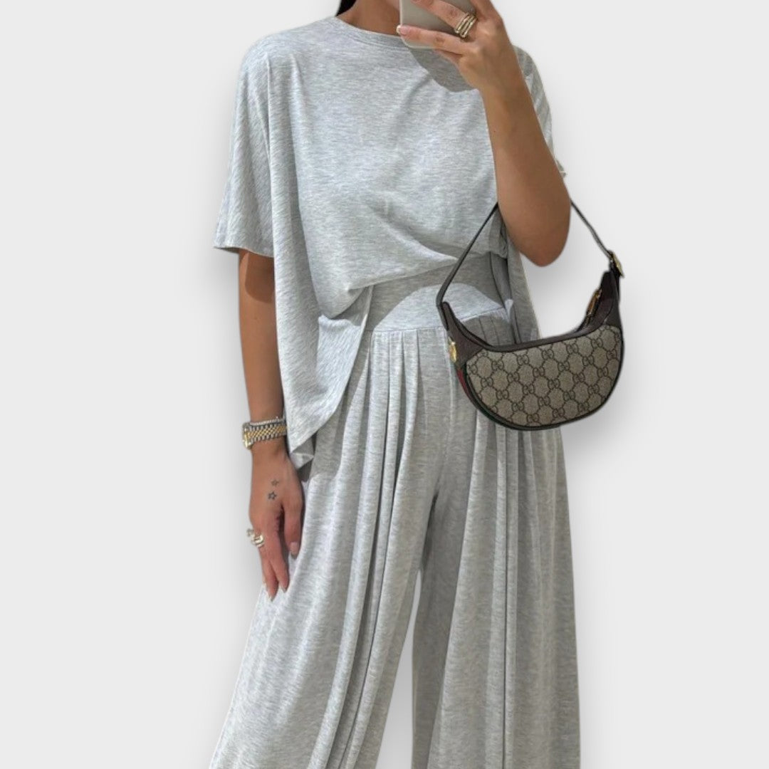 Diclehan | Açık Gri Günlük Üst ve Bol Paça Pantolon Takımı