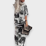 Amelya | V yaka baskılı üst ve uzun pantolon takımı