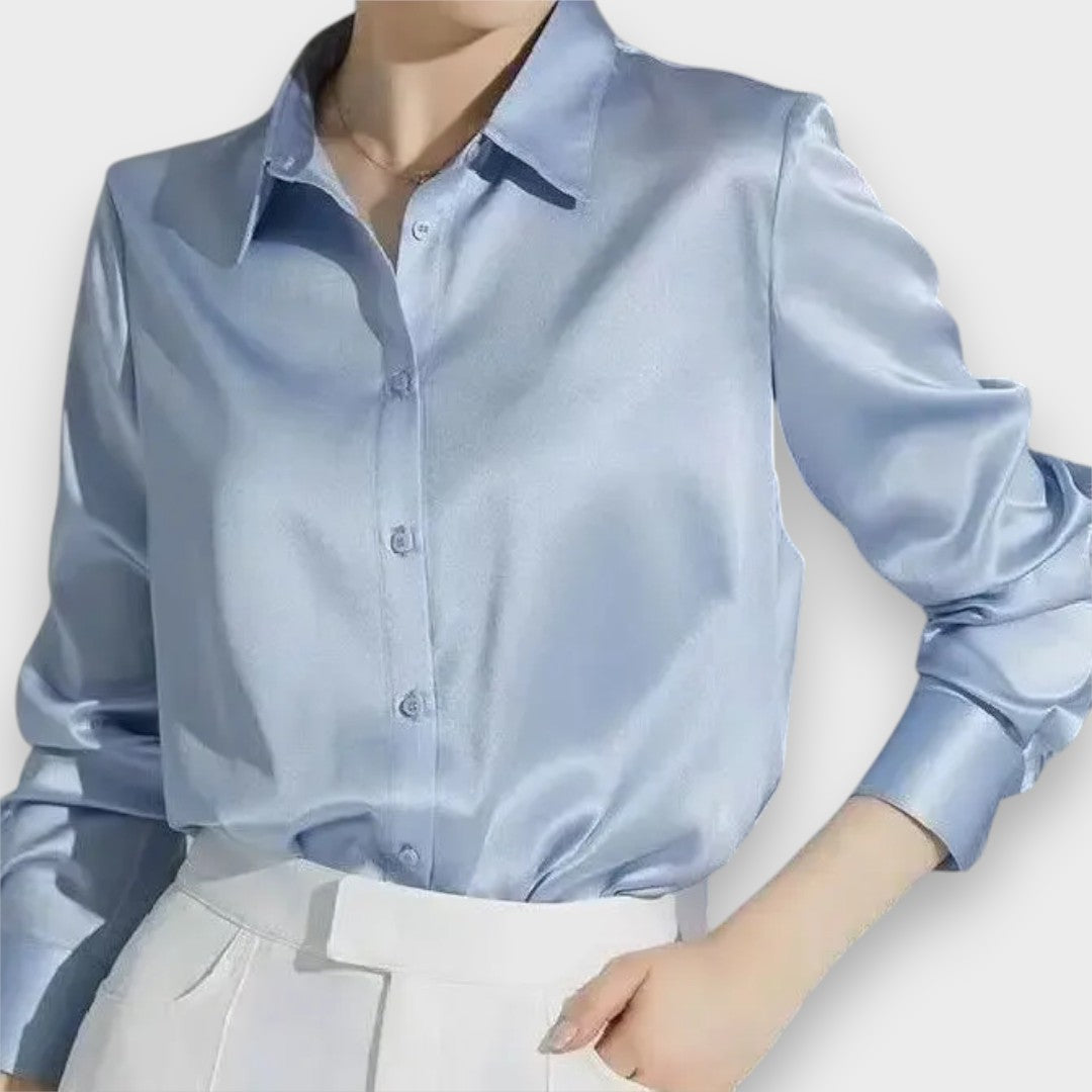 Akasya Nur | Bol Kesim Kadın Uzun Kollu İpek Gömlek Düz Renk Üst