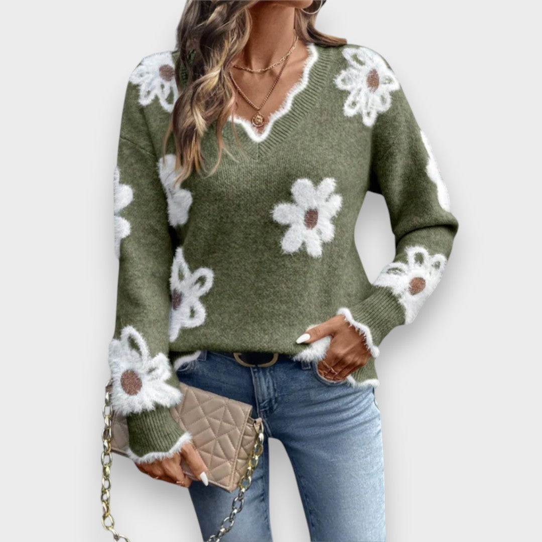 Berçem | Zarif V Yaka Çiçekli Kazak