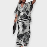 Amelya | V yaka baskılı üst ve uzun pantolon takımı