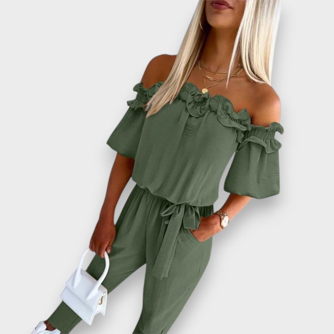 Aysima | Şık Omuz Açık Fırfırlı Bel Bağcıklı Tulum