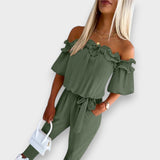 Aysima | Şık Omuz Açık Fırfırlı Bel Bağcıklı Tulum