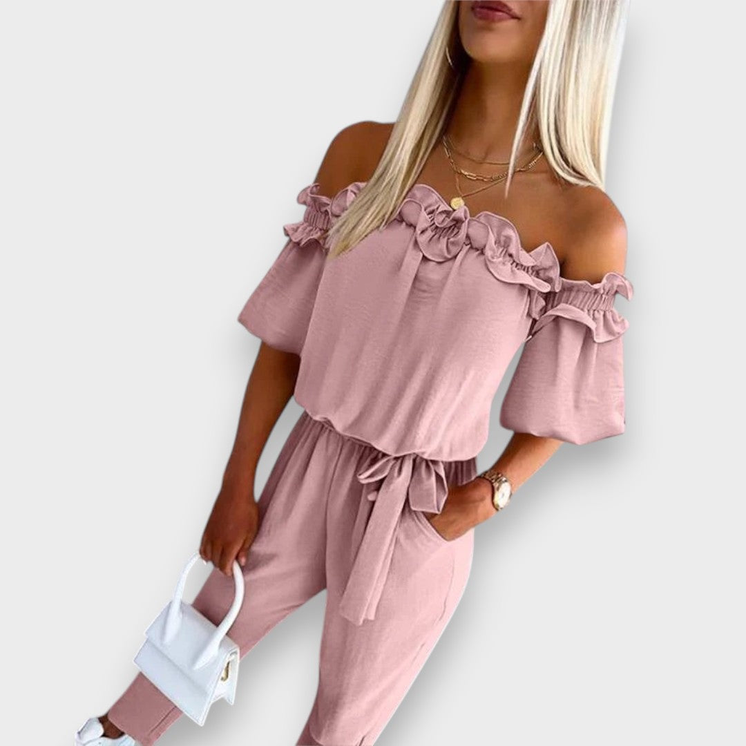 Aysima | Şık Omuz Açık Fırfırlı Bel Bağcıklı Tulum