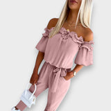 Aysima | Şık Omuz Açık Fırfırlı Bel Bağcıklı Tulum