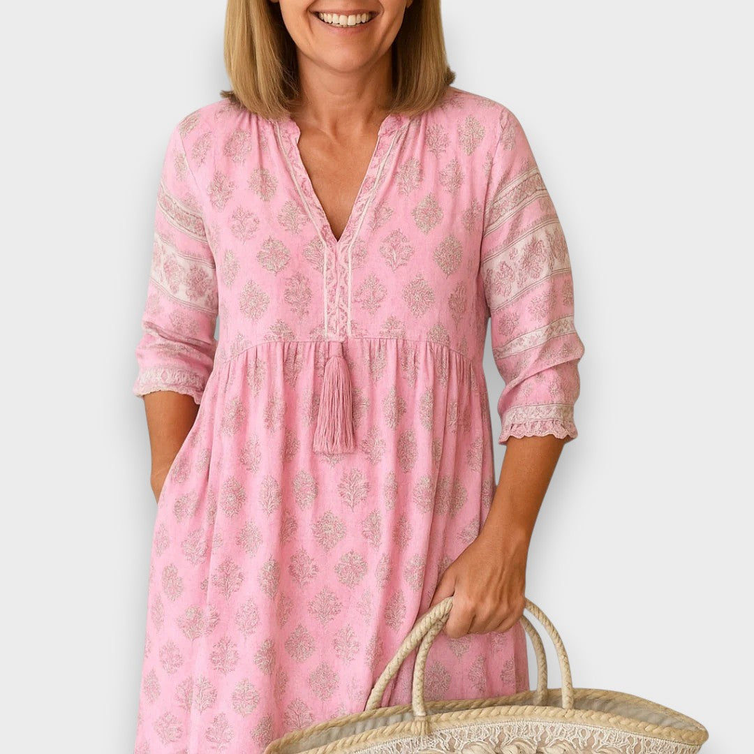 Baran | Yazlık midi elbise – cepli, bohem plaj tarzı.