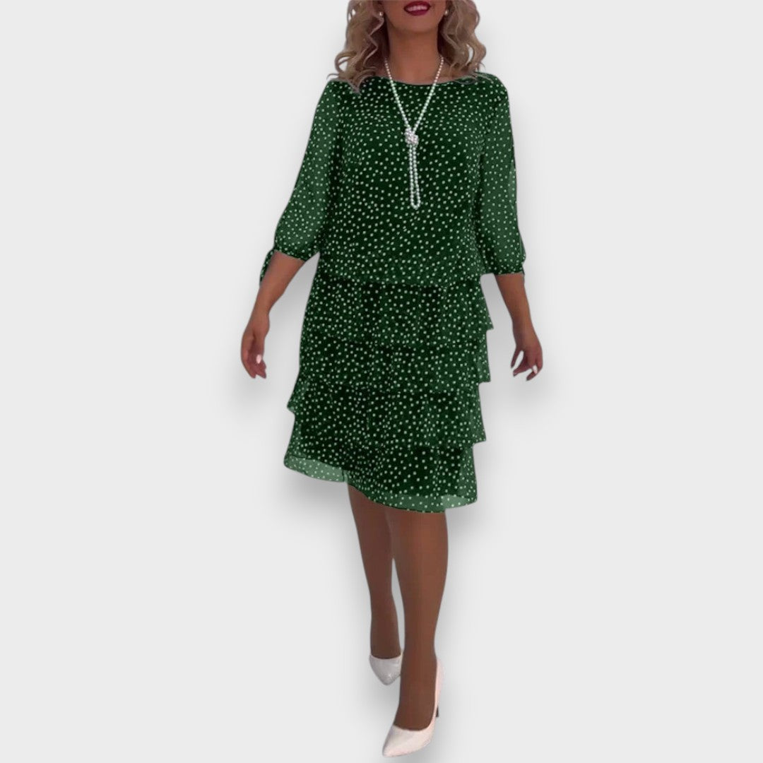 Nisan | Bağlamalı Yırtmaçlı Kollu Puantiyeli Katlı Elbise