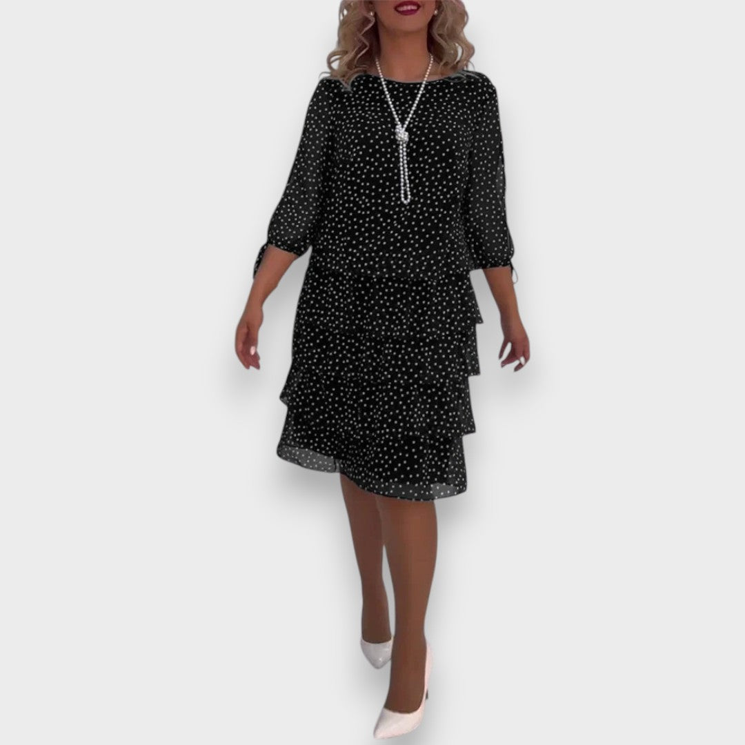 Nisan | Bağlamalı Yırtmaçlı Kollu Puantiyeli Katlı Elbise