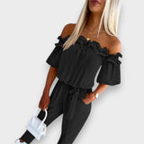 Aysima | Şık Omuz Açık Fırfırlı Bel Bağcıklı Tulum