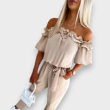 Aysima | Şık Omuz Açık Fırfırlı Bel Bağcıklı Tulum