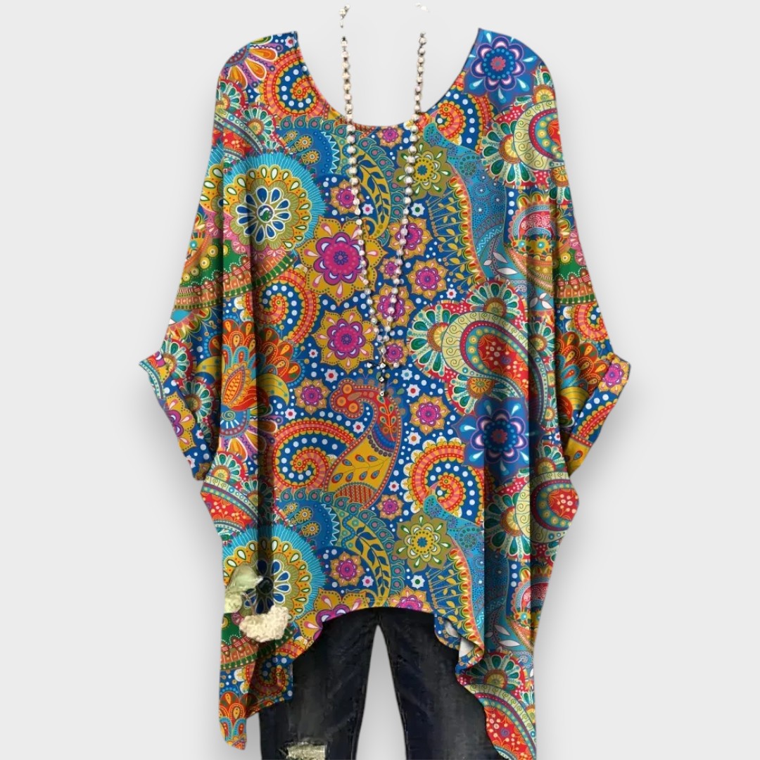 Afra | Yazlık Kadın Etnik Baskılı Rahat Kısa Kollu Tişört