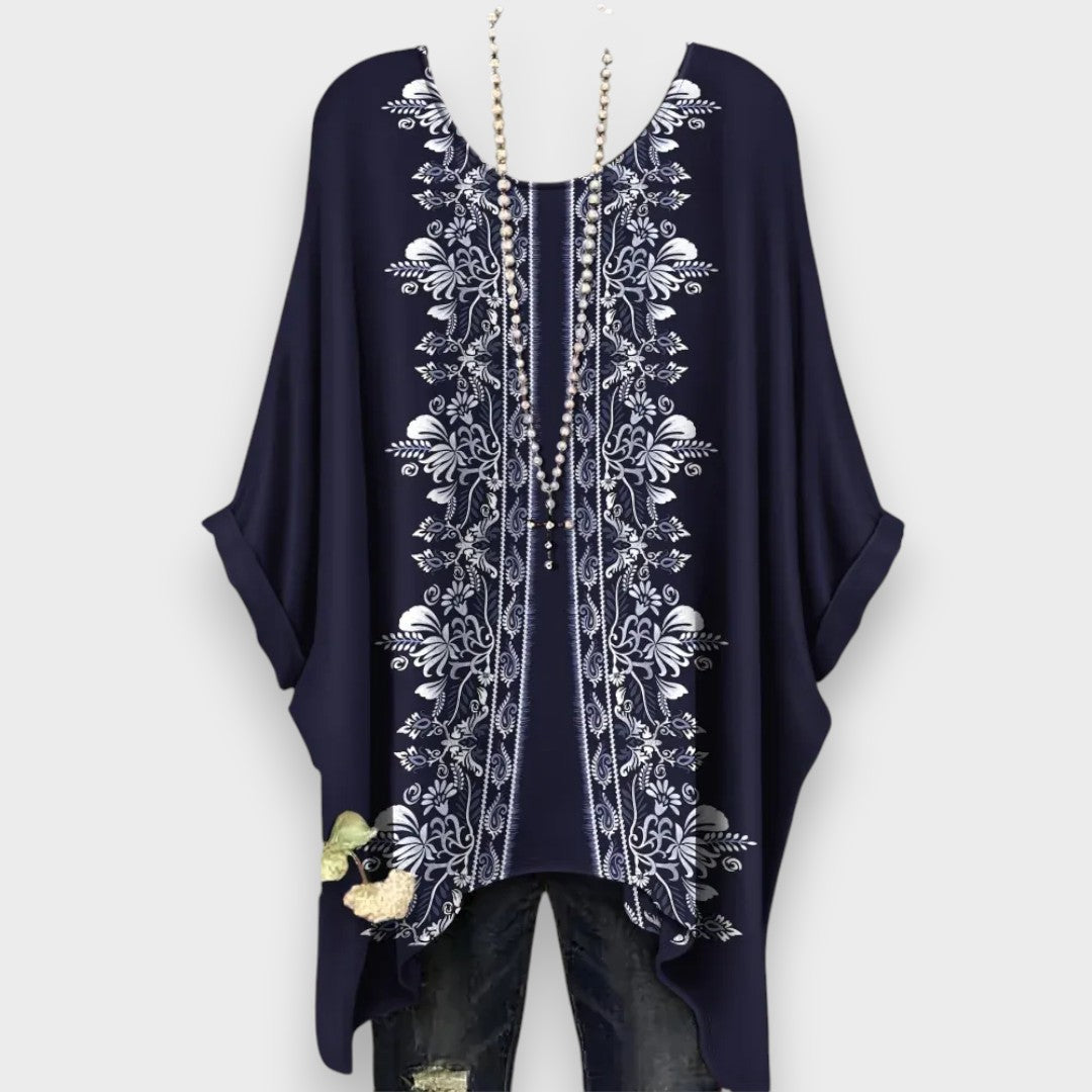 Afra | Yazlık Kadın Etnik Baskılı Rahat Kısa Kollu Tişört