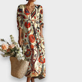 Ayça Nur | Kadın Vintage Çiçek Desenli Keten ve Pamuk Cepli Elbise