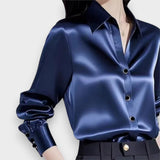 Akasya Nur | Bol Kesim Kadın Uzun Kollu İpek Gömlek Düz Renk Üst