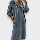 Alperenay | Rahat Kapüşonlu Petek Desenli Polar Elbise