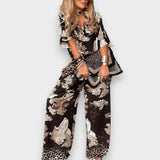 Amelya | V yaka baskılı üst ve uzun pantolon takımı