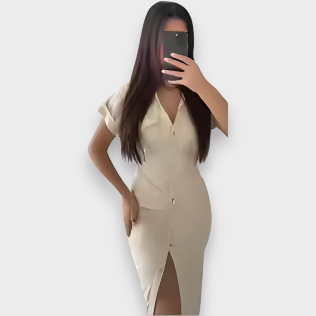 Burçak | TJ 2025 Kot Midi Elbise – Yaka ve Pileli Bel Detaylı