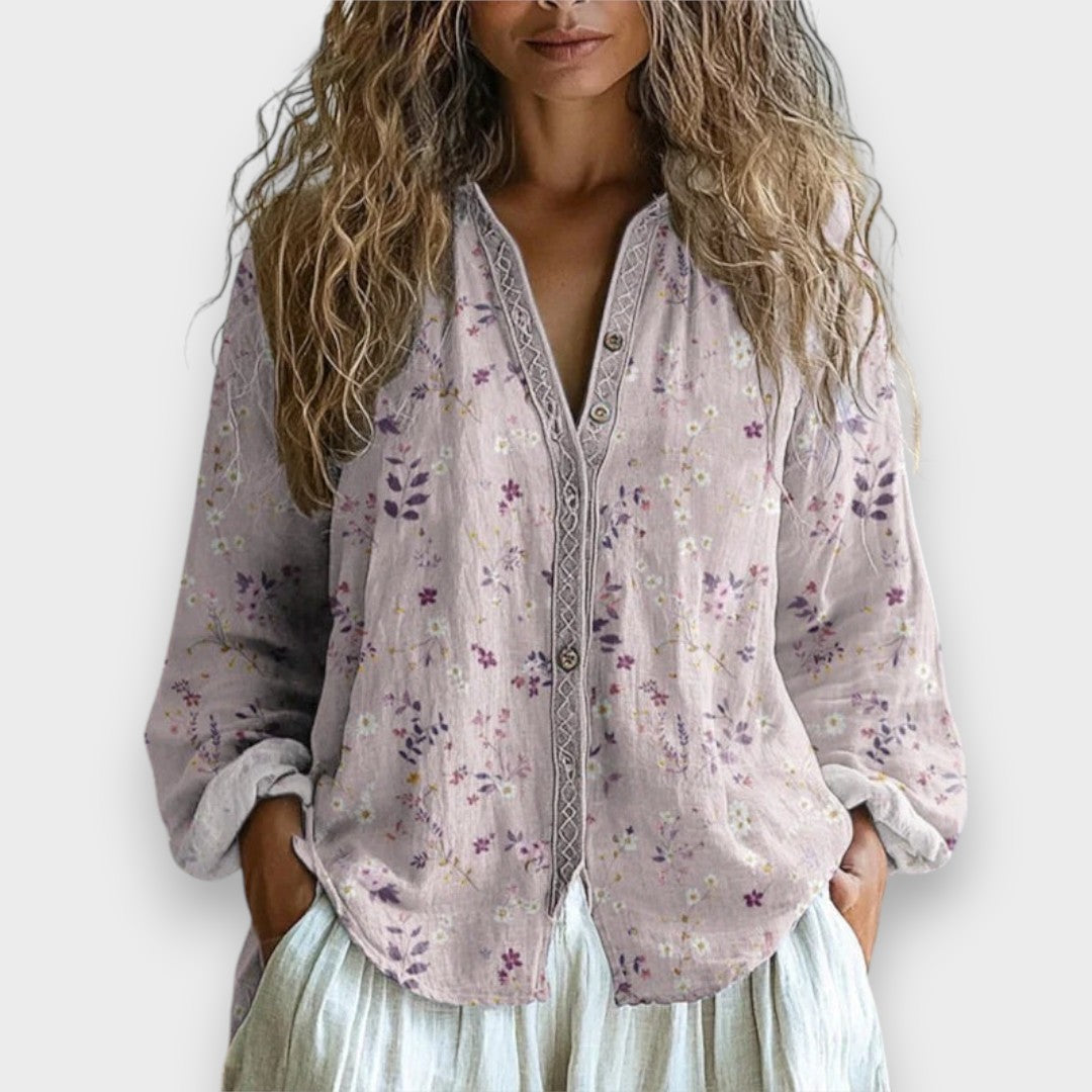 Fadima | Yaprak Desenli Vintage Bluz