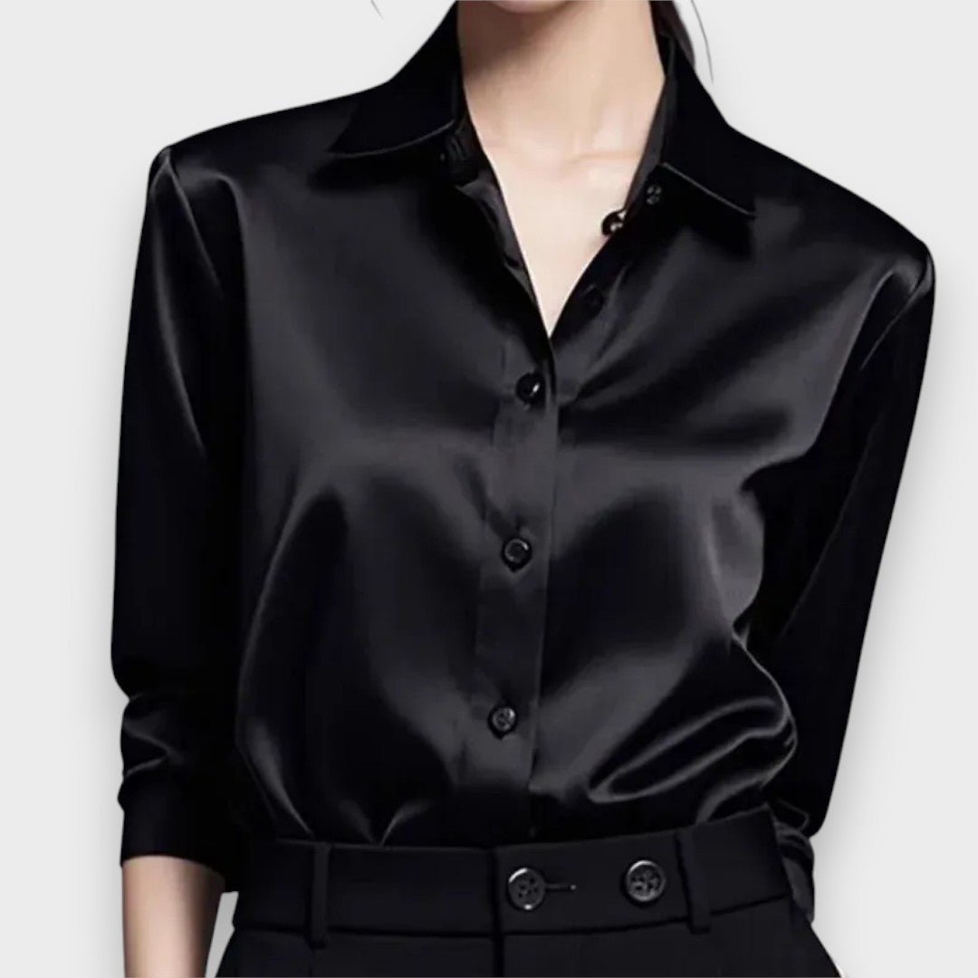 Akasya Nur | Bol Kesim Kadın Uzun Kollu İpek Gömlek Düz Renk Üst