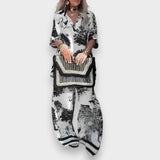 Amelya | V yaka baskılı üst ve uzun pantolon takımı